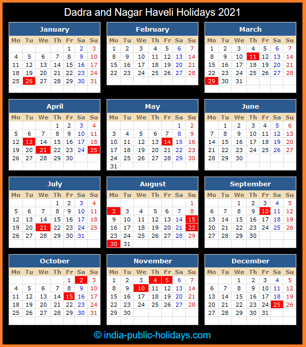 Dadra and Nagar Haveli Holiday Calendar 2021